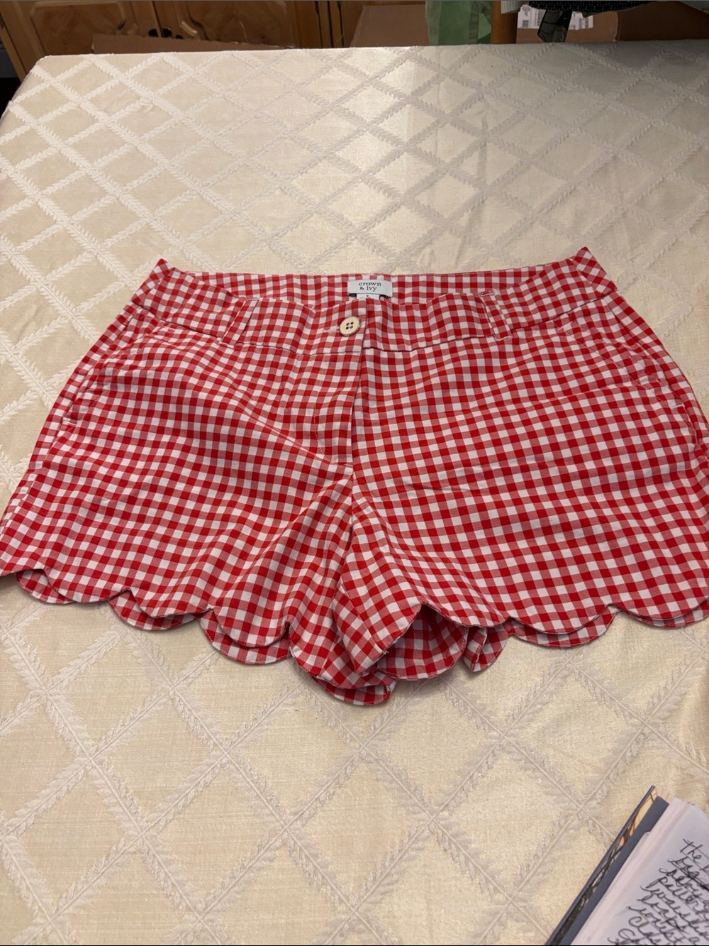 Crown & Ivy Red Gingham Scallop Hem Chino Shorts